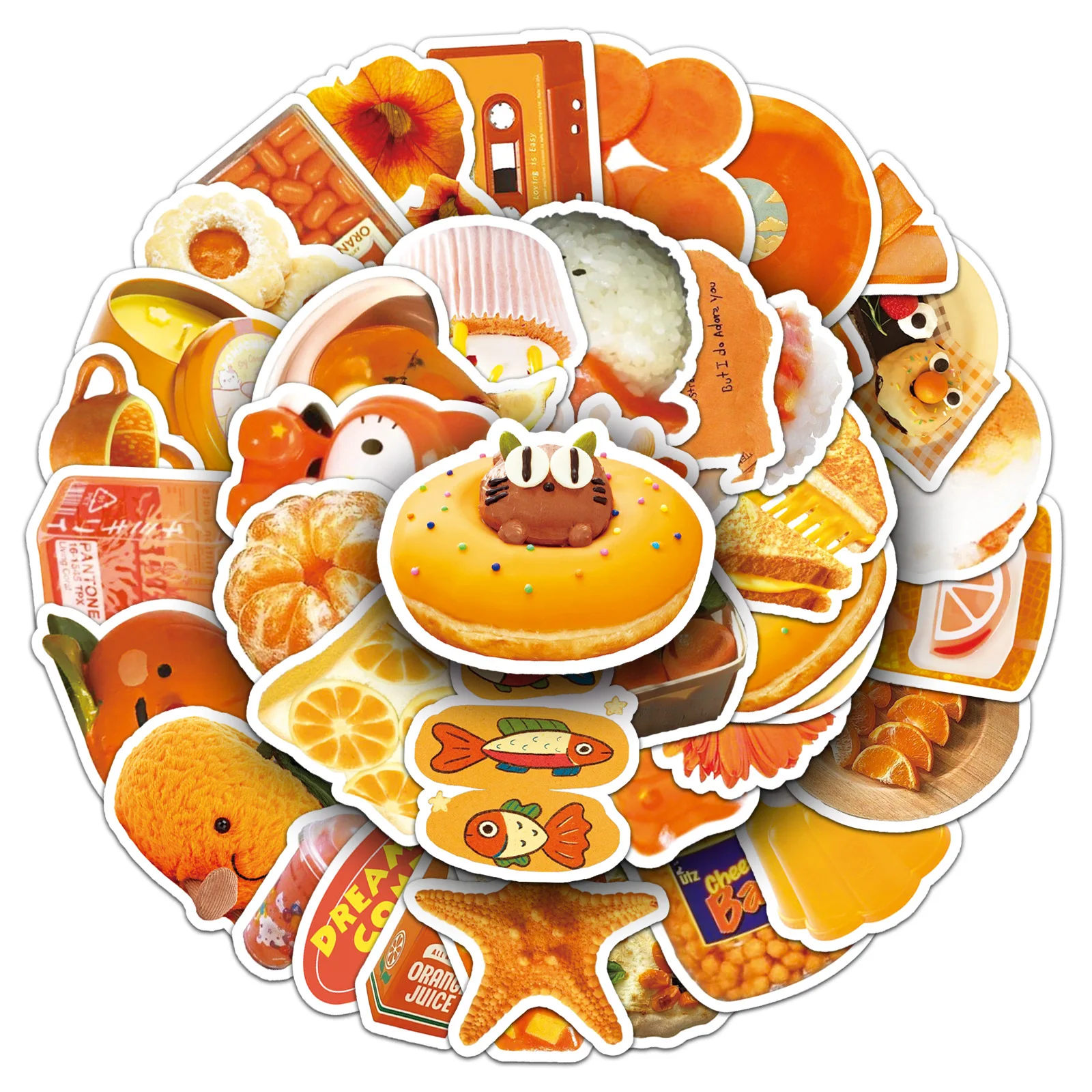 50 PCS Orange Ins Style Japanese Dessert Food Stickers Decorate Lunch Box Fridge Cabinet Water Cup Vinyl Stationery Decals