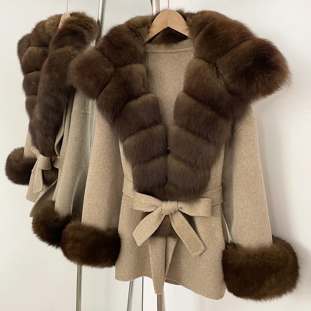 OFTBUY Modische Lässige Neue Herbst-Winter-Wollkleidung für Damen, Gürtel, Echter Fuchspelz, Wolljacke, Warmer Natürlicher Pelz-Wollmantel für Damen – Detail 25