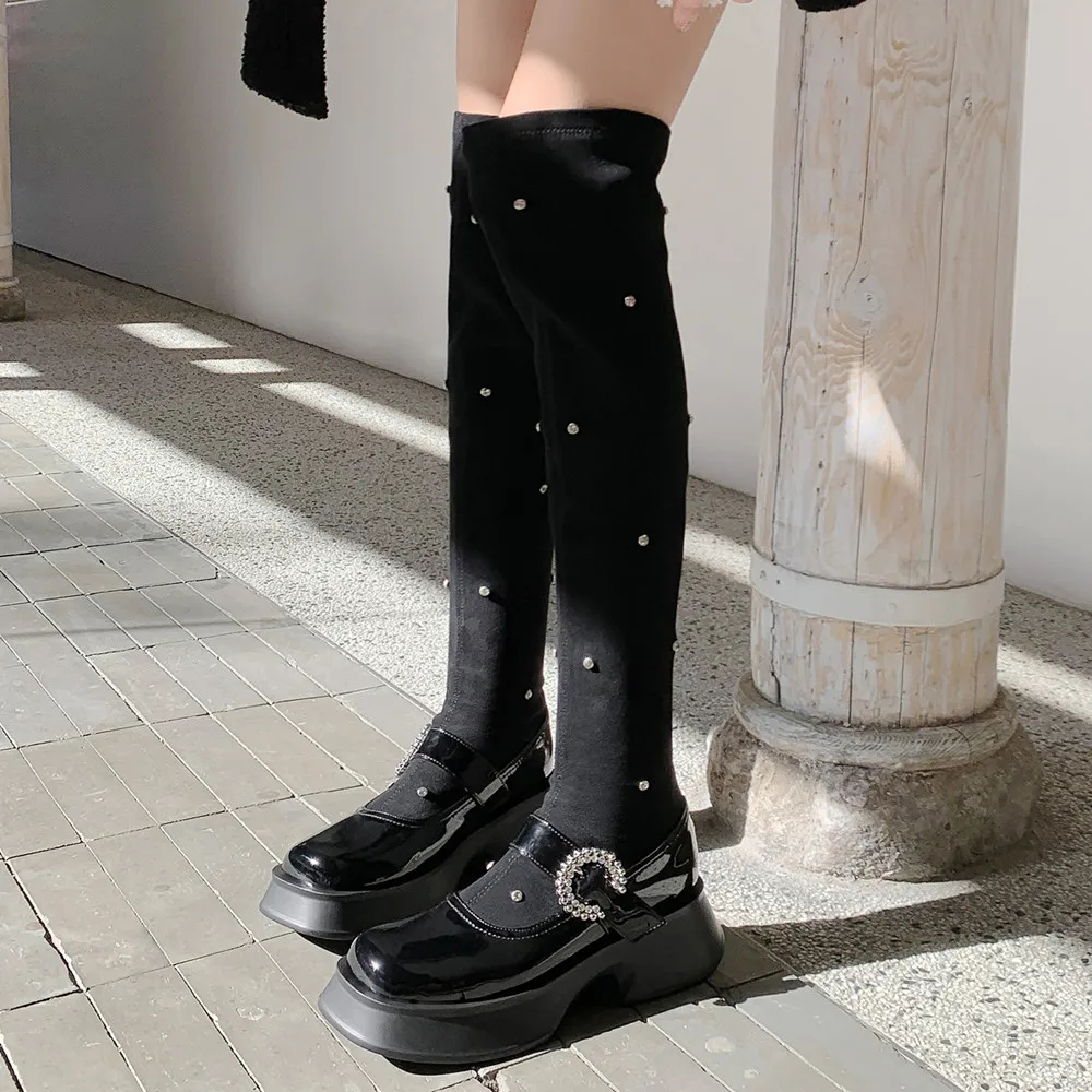 Fedonas spleißen Frauen über dem Knie Stiefel Mode Strass Plattformen Mitte der Wade Stiefel Herbst Winter schlanke enge Party hohe Stiefel