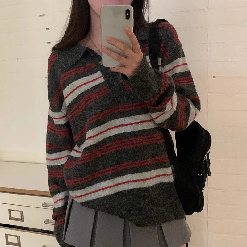 เสื้อสเวตเตอร์ไหมพรมลายทางสีน้ำตาลสไตล์วินเทจสำหรับฤดูใบไม้ร่วง ทรงหลวม ใส่สบาย เหมาะสำหรับใส่ไปทำงาน