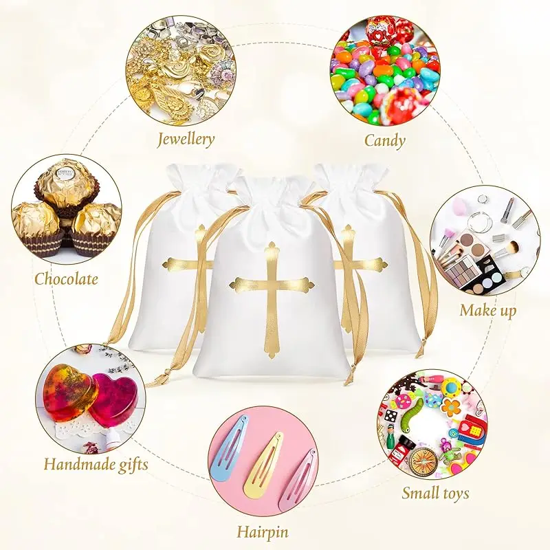 10 Pcs Baptism Satin Gift Bags with Drawstring 4 x 6 Inch Religious Gift Bags for Baptism First Communion Party Favor