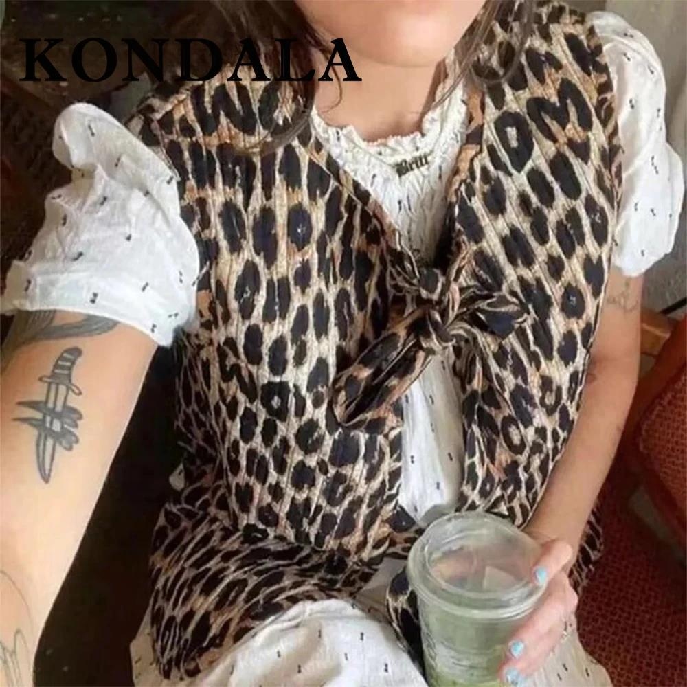 

KONDALA шикарные женские леопардовые весенние винтажные жилеты на шнуровке, модная уличная одежда 2025 года, элегантная уличная винтажная майка, верхняя одежда