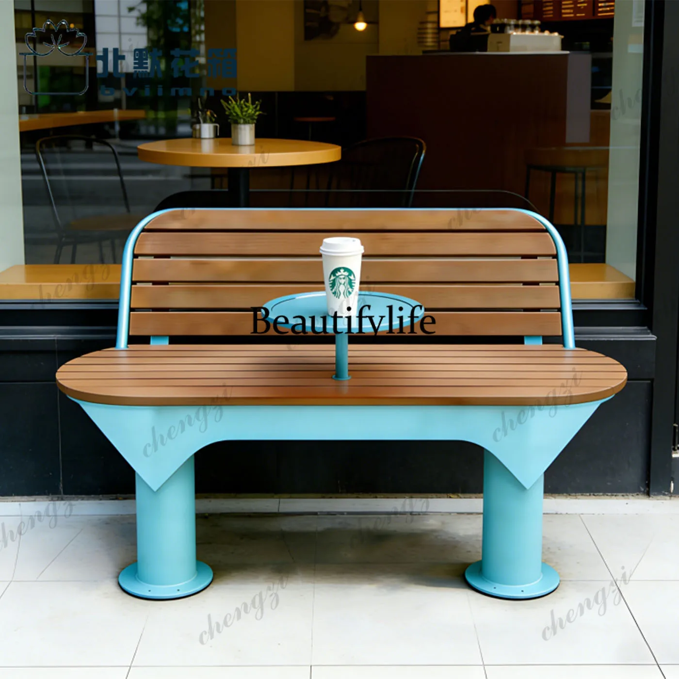Dopamine Blue Outdoor Lounge Chair Wooden Bench Park Chair Stylish simple clock in bench chair