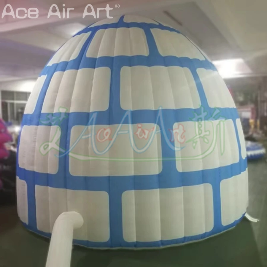 Blue & White Inflatable Igloo Father Christmas's Grotto Winter Inflatable Dome Tent for Outdoor Christmas Decor Kids Fun