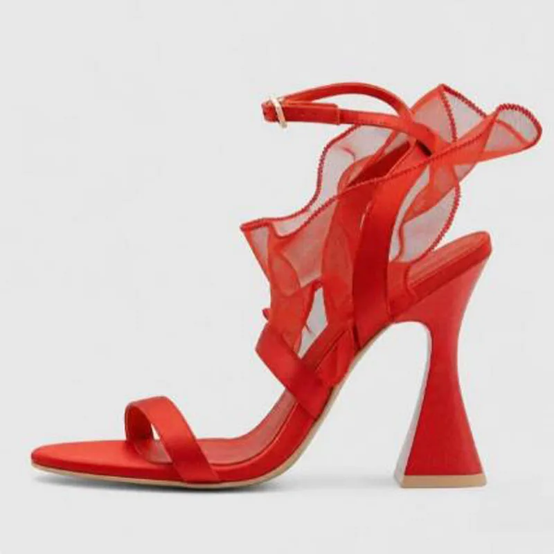 White Red Mesh Ruffle Decor Flared Heel Sandals Women Summer Open Toe Ankle Strap Buckle Elegant Party Dress High Heels Shoes
