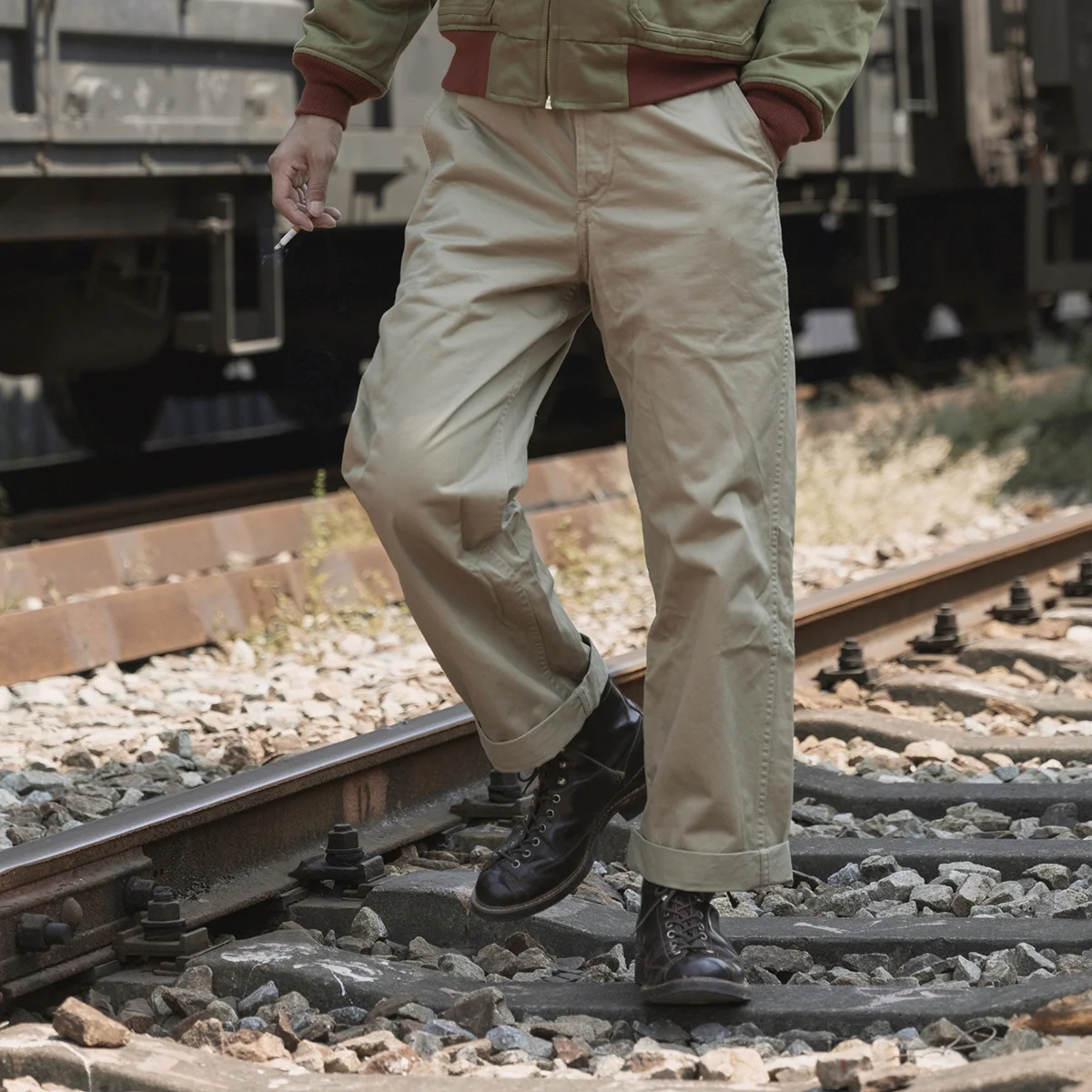 Rugged Bronson Replicated 1942 Khaki Wide Leg Loose Fit High Waist Chinos Long Pants Straight Cut Youthful Energy Style All S...