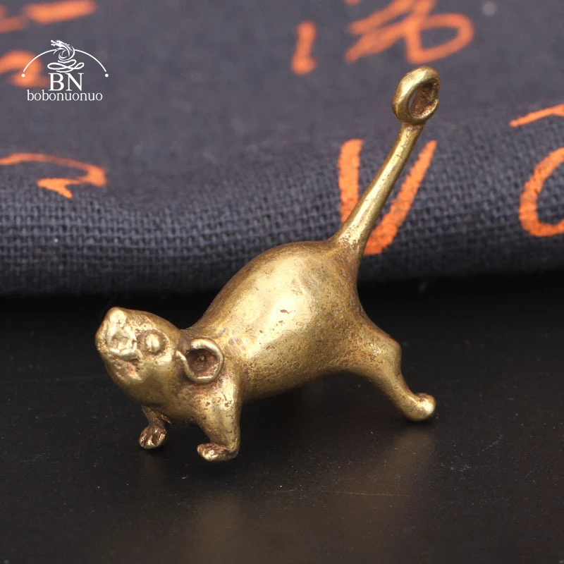 Ancient Brass Small Tea Pet Ornament Long Tail Cute Mouse Figurines Miniatures Copper Lucky Rat Study Living Room Decorations