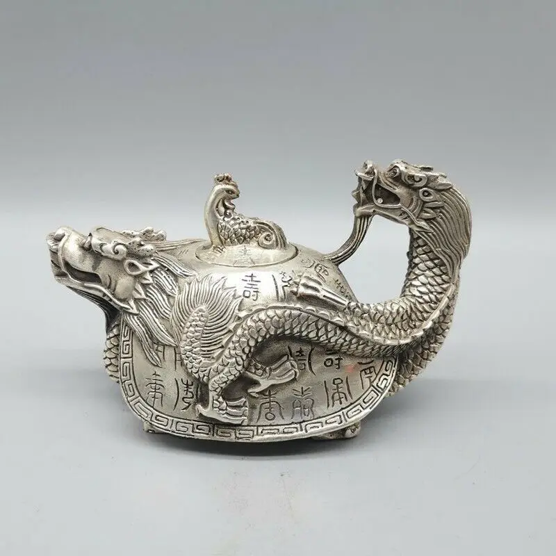 

Old Chinese Tibet Silver Handmade Dragon Turtle Incense Burner Xuande Mark