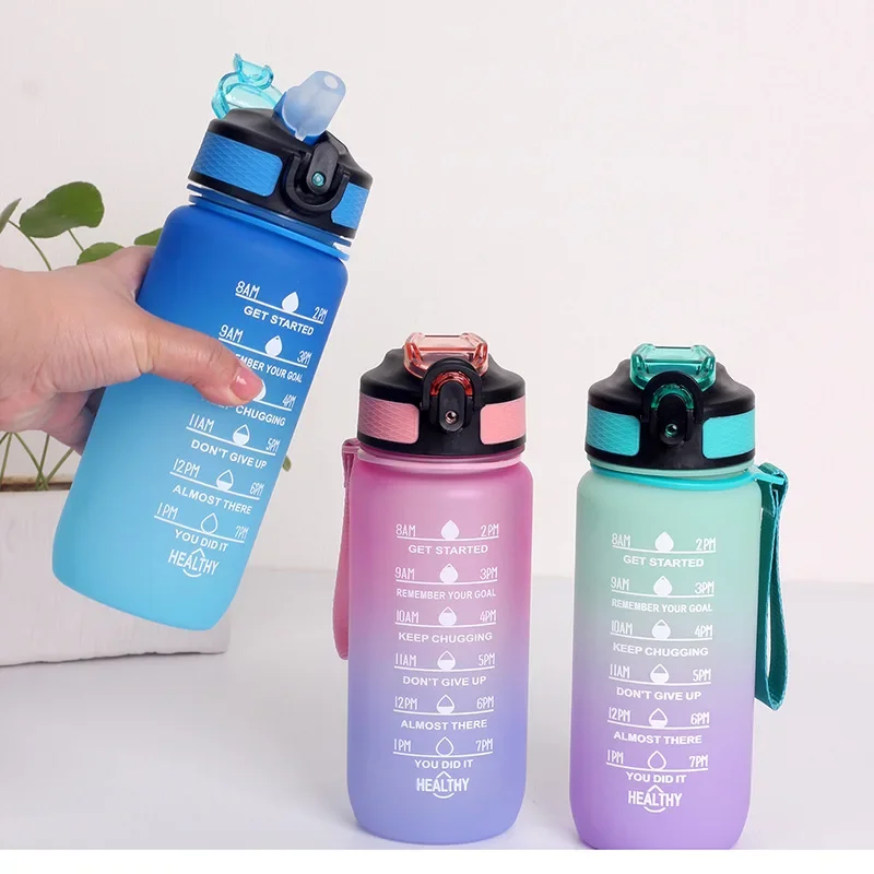 

600ml Water Bottle with Straw&Time Marker Reusable Plastic Portable With Handle and Spring Cover Gradient Color Water Bottles