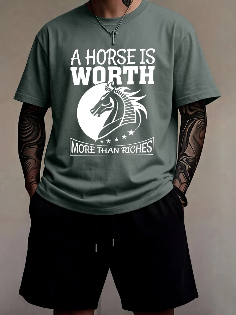 

A Horses Is Worth Printed Summer Simple Man T Shirt Sets Pocket Loose Shorts Cotton Breathable Street Clothing Comfy Cool Tee