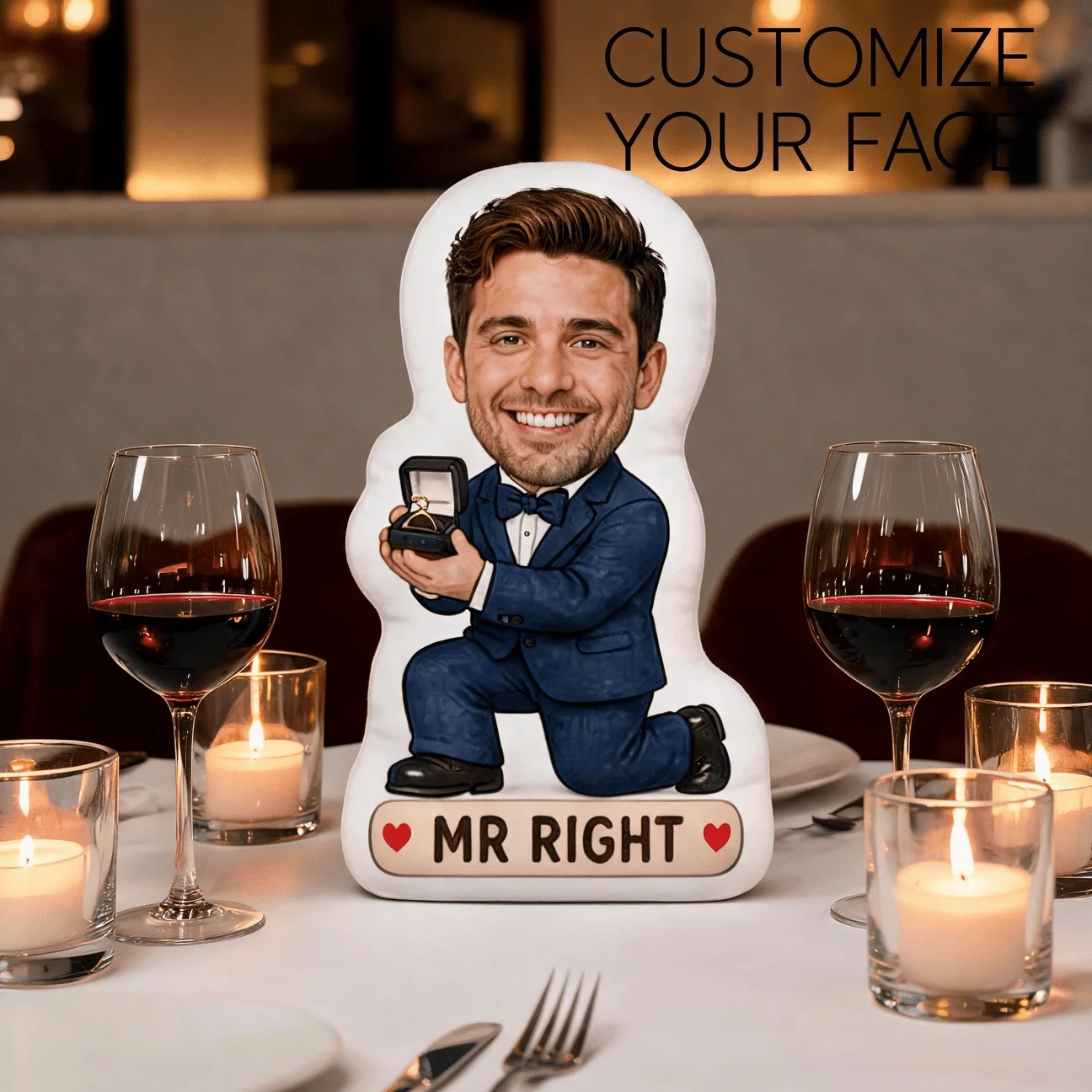 Custom Photo Proposal Shaped Pillow, Personalized Groom in Blue Suit Holding Ring Box Decorative Cushion, Mr. Right Home Decor A
