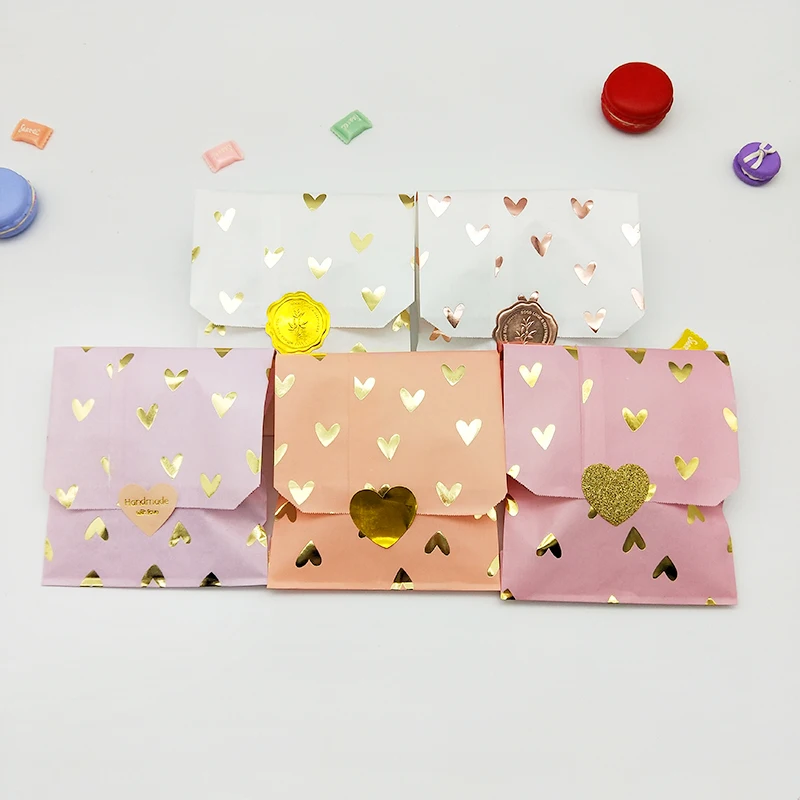 100pcs Candy Color Paper Bags with Gold Foil Hearts for Gift Food Birthday Party Decoration Kids Candy Cookie Paper Bags Sticker