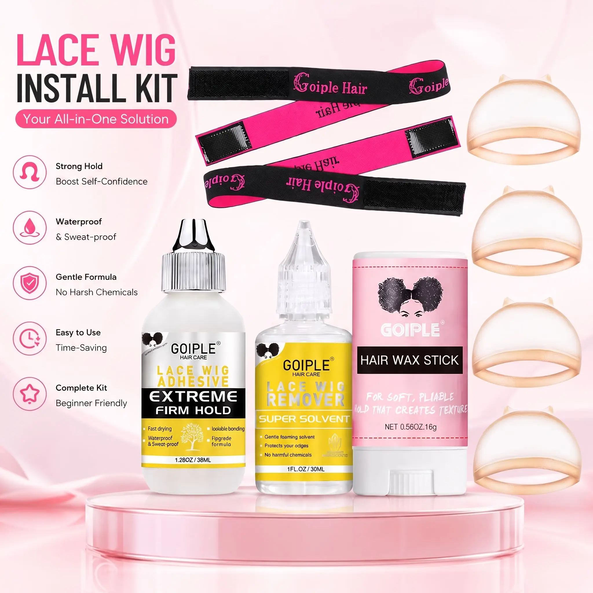 Wig Install Kit Waterproof Lace Wig Glue Invisible Bond Strong Hold Wig Adhesive Remover Hair Wax Stick Edge Control Elastic Band All in One Wig Install Kit for Wigs, Beginners, Daily, Travel