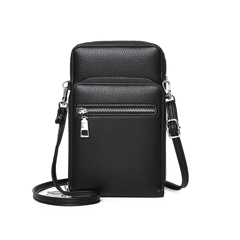 Bolso cruzado pequeño de cuero suave para hombre, cartera con cremallera, bolsillo para teléfono, tarjetero con correa larga, color negro clásico, tendencia 2023