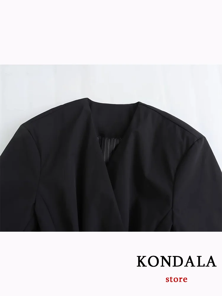 KONDALA Vintage Casual Chic Women Blazer Black Solid Lace-up V-Neck Long Sleeve Pockets Blazer Fashion 2024 Office Lady Blazers