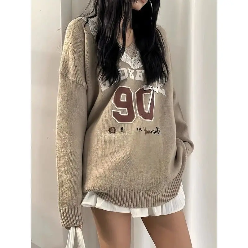 Lazy Retro Lace Patchwork Autumn and Winter Sweater Loose 2024 Knitted Sweater New Letter Jacquard Top