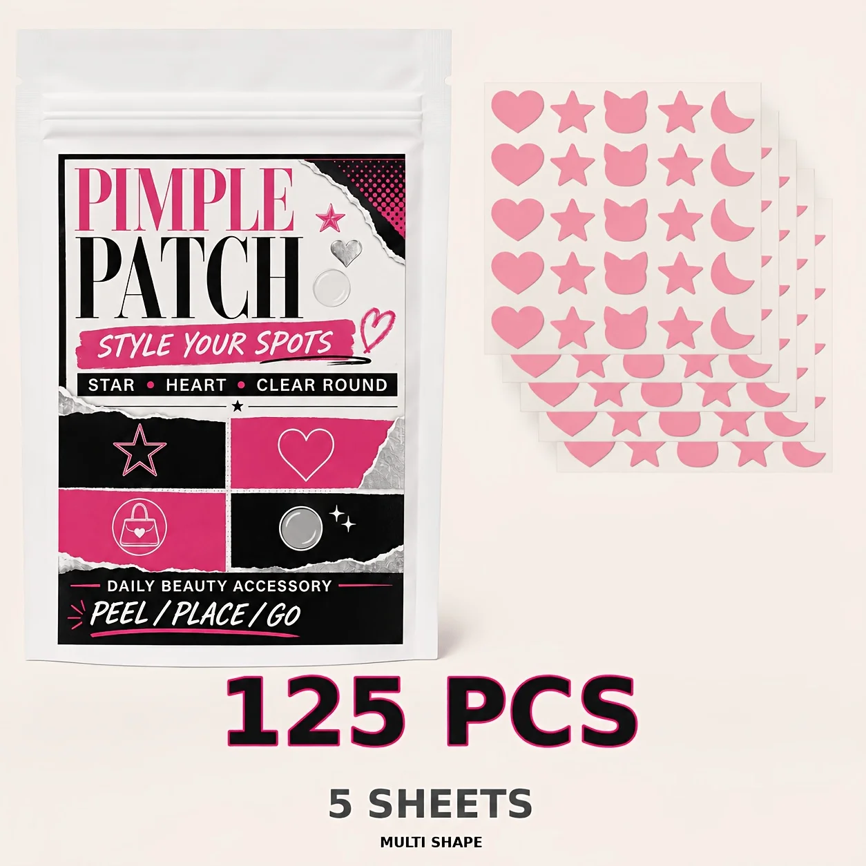 125PCS Pink Hydrocolloid Pimple Patches, 5 Sheets Face Cover Stickers, Cute Facial Care Patches for Daily Skin Care Use