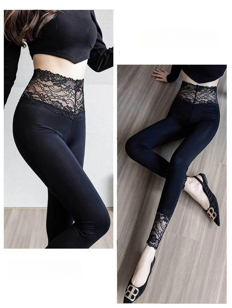 Modale Leggings für Damen, hohe Taille, sexy Spitze, schlank, dehnbar, atmungsaktiv, allein zu tragen, Frühling, Herbst, Basisschicht, Po-Lifting-Leggings – Detail 14