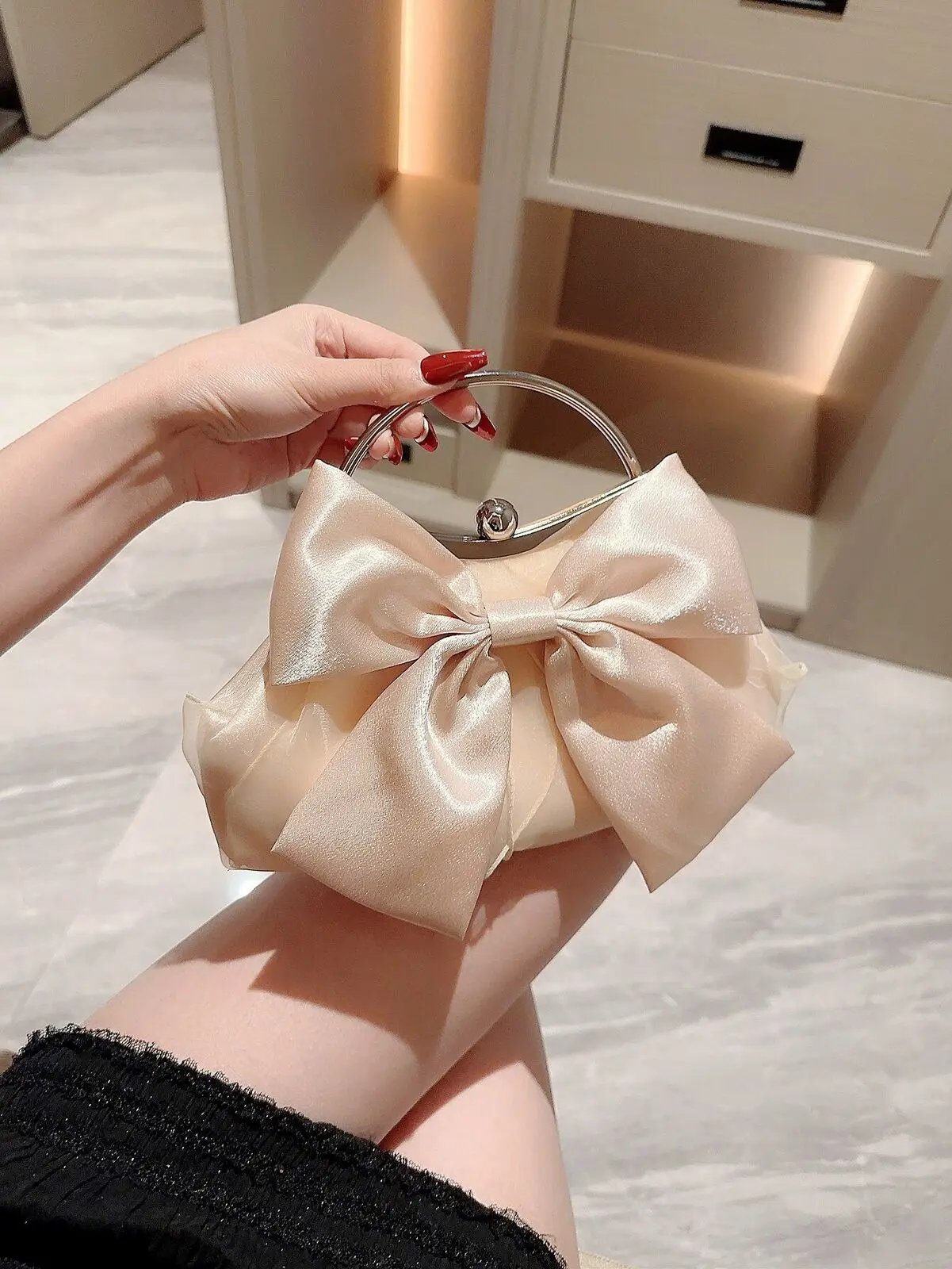 White Satin Bow Fairy Evening Bags Clutch Metal Handle Handbags for Women Wedding Party Bridal Clutches Purse Chain Shoulder Bag