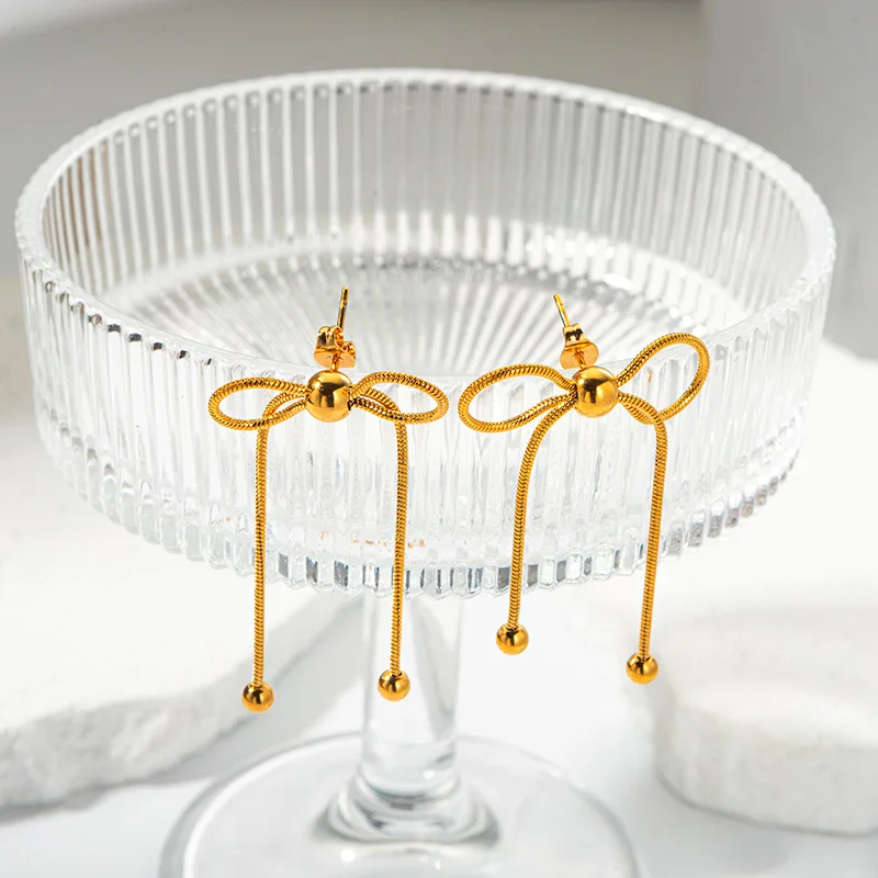 Loe| Long Bow Earrings for Women.Stainless Steel.Girl Lovely Butterfly Shape Jewelry.Gold Document.Trendy Party Cute Gift