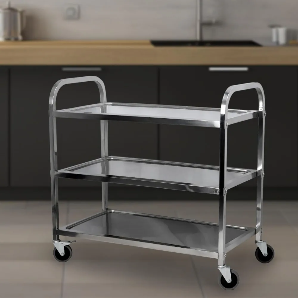 3 Shelf Stainless Steel Cart Heavy Duty Industrial Serving Cart with 360°Rotation Wheels Kitchen Island Stainless Steel Storage