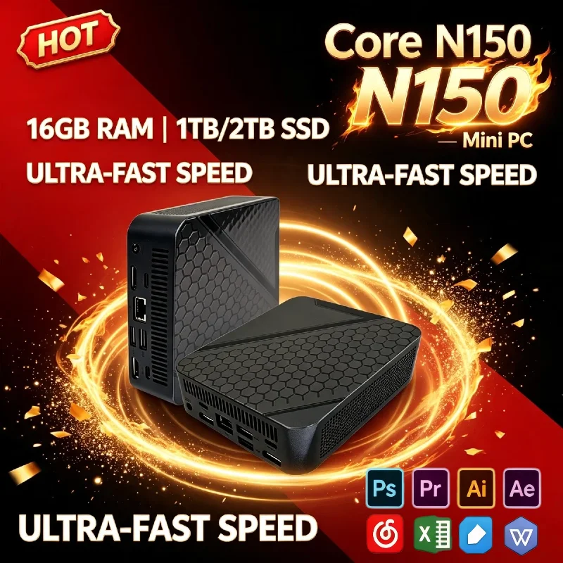 Intel N150 Ultra Slim Mini PC 16GB DDR4 512GB NVMe SSD Triple 4K WiFi6 BT5.2 Silent Cooling Office Home Desktop Pro Ultra