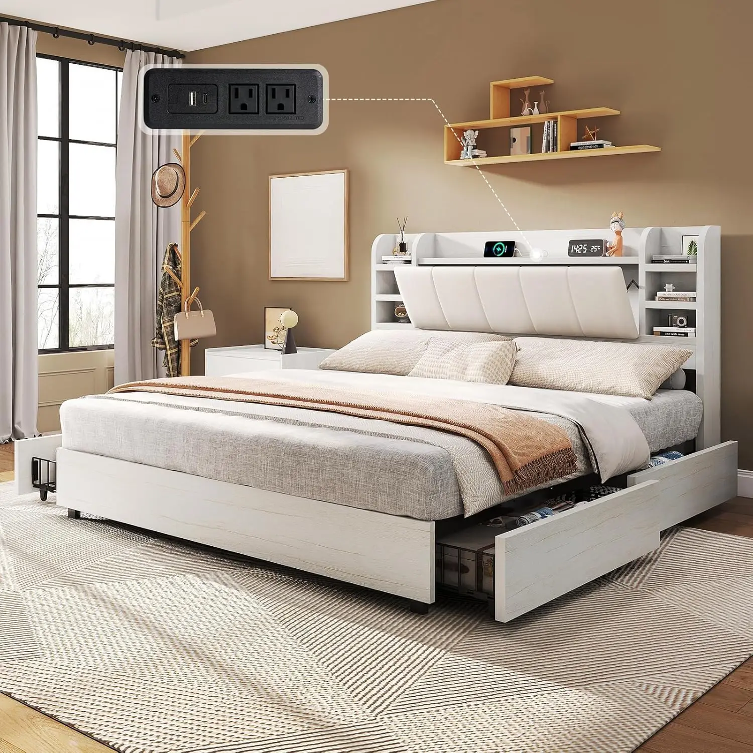 #Queen Upholstered Platform Bed Frame with Storage Headboard 4 Drawers Metal Support Noise-Free Rustic White Customized