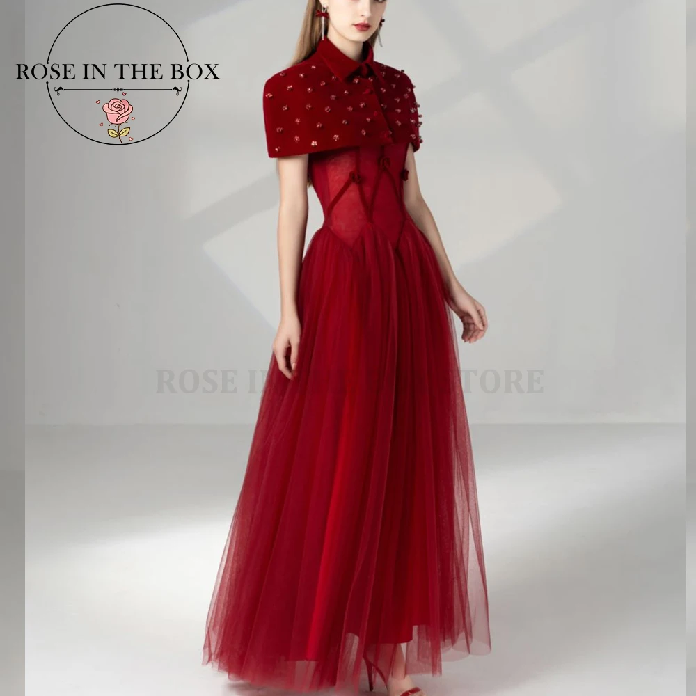 

ROSEINTHEBOX Customized Elegant Burgundy Evening Dresses for Woman Velvet Capelet A-line vestidos de fiesta elegantes New Year