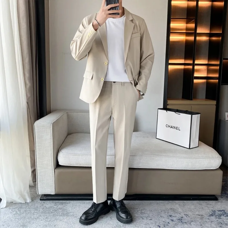 Men\'s Formal Suit Set Wedding Party Dress Black Gray Business Office Blazer Trousers Korean Fashion Draped Youth Suit Jacket