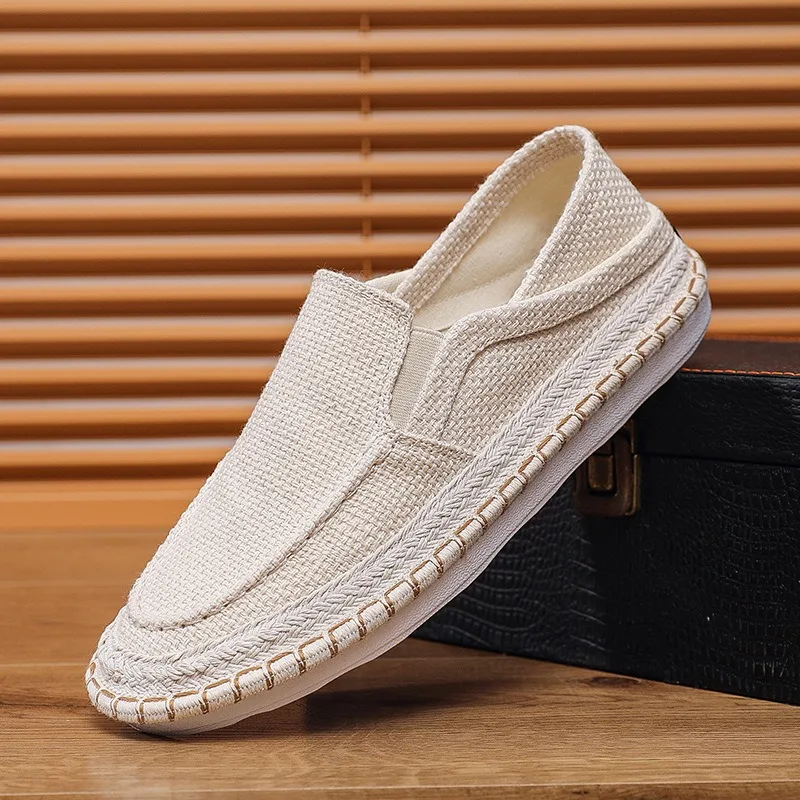Men's Linen Canvas Slip‑On Loafers, Breathable Woven Edge Flat Shoes,Comfort 2‑Way Wear Backless Casual Driving Walking Footwear