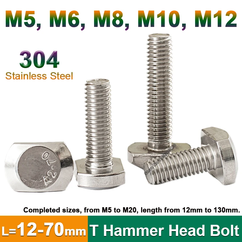 

2-10Pcs 304 Stainless Steel T Hammer Head Screws M5 M6 M8 M10 M12 T Shape Type bolts for T-Slot Chute Rail Miter Track L=12-70mm