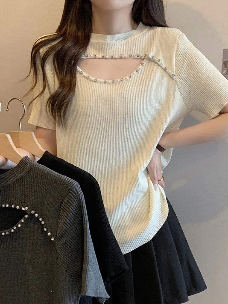 

Summer New Women's Round Neck Contrast Ice Silk Knitted Short Sleeve Bottom Shirt Female All-match Patchwork T-shirt Top A35