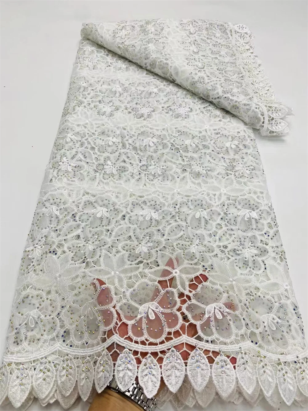 White Nigerian chiffon cotton lace fabric with stones high quality 5yards african Guipure  wedding lace for african women dress