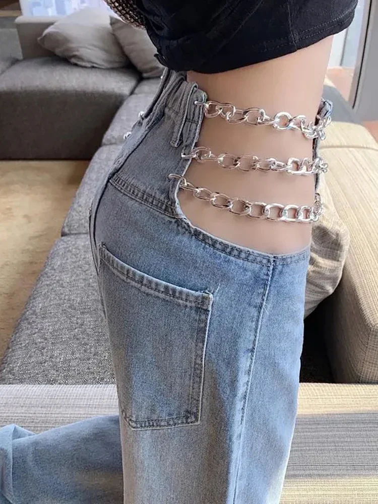 Sexy Hollow Out Chain Streetwear Jeans for Women Summer High Waist Loose Harajuku Straight Denim Pants Korean Y2K Jeans XJ127