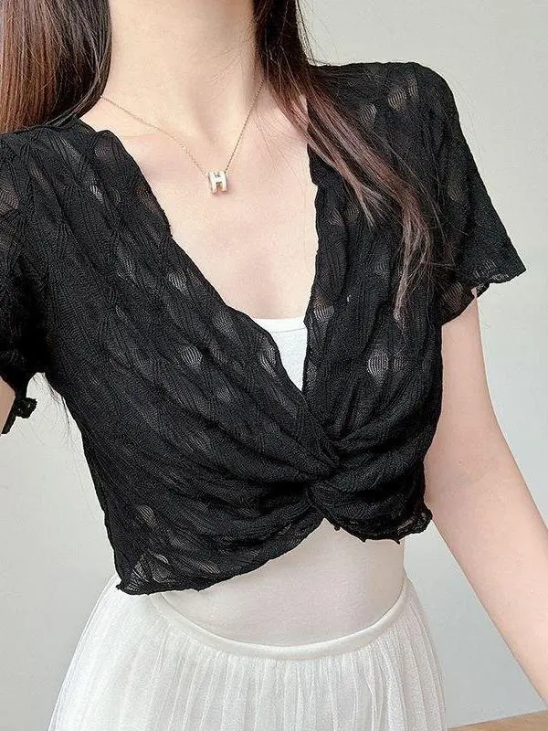 French Style V-Neck Sun Protection Short Sleeve  Shawl Women Summer Elegance Lace Top Strap Dress Outer Mesh Cover up