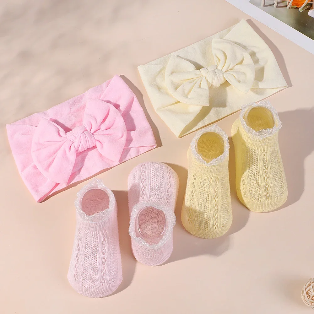 0-1 Year Old Baby Lace Socks Headband Set Bows Hairband Infant Non-slip Breathable Socks Newborn Summer Hair Accessories Gifts