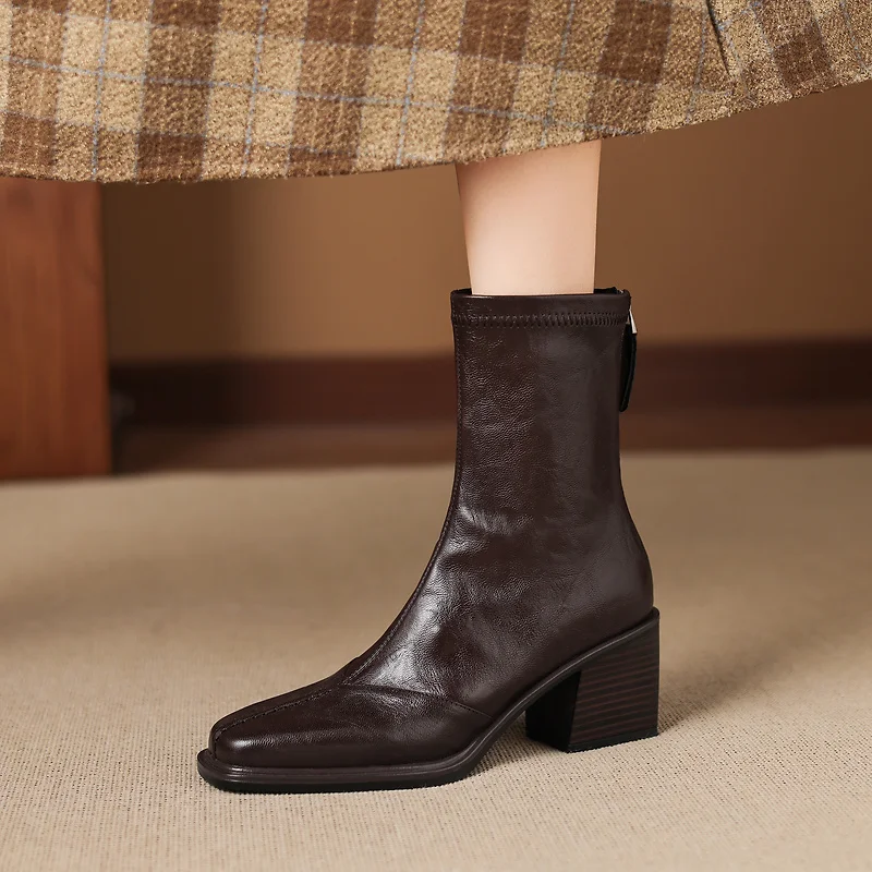 2026 new autumn winter women ankle boots natural leather 22-25cm sheepskin+stretch microfiber+pigskin/plush women short boots