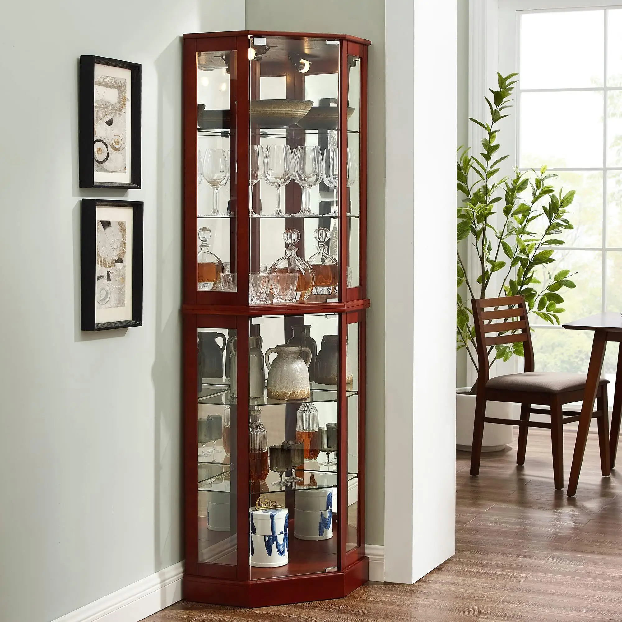 6-Shelf Corner Curio Display Cabinet with Adjustable Shelves & Lights - Cherry Finish, Mirror Accents (E26 Bulb Not Included)