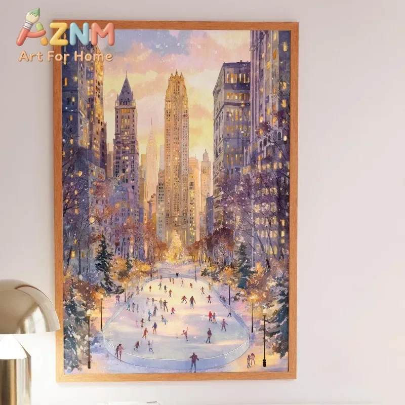 Winter New York City Canvas Wall Art Unframed Print Christmas Ice Skating Scene Poster for Festive Home Wall Decor