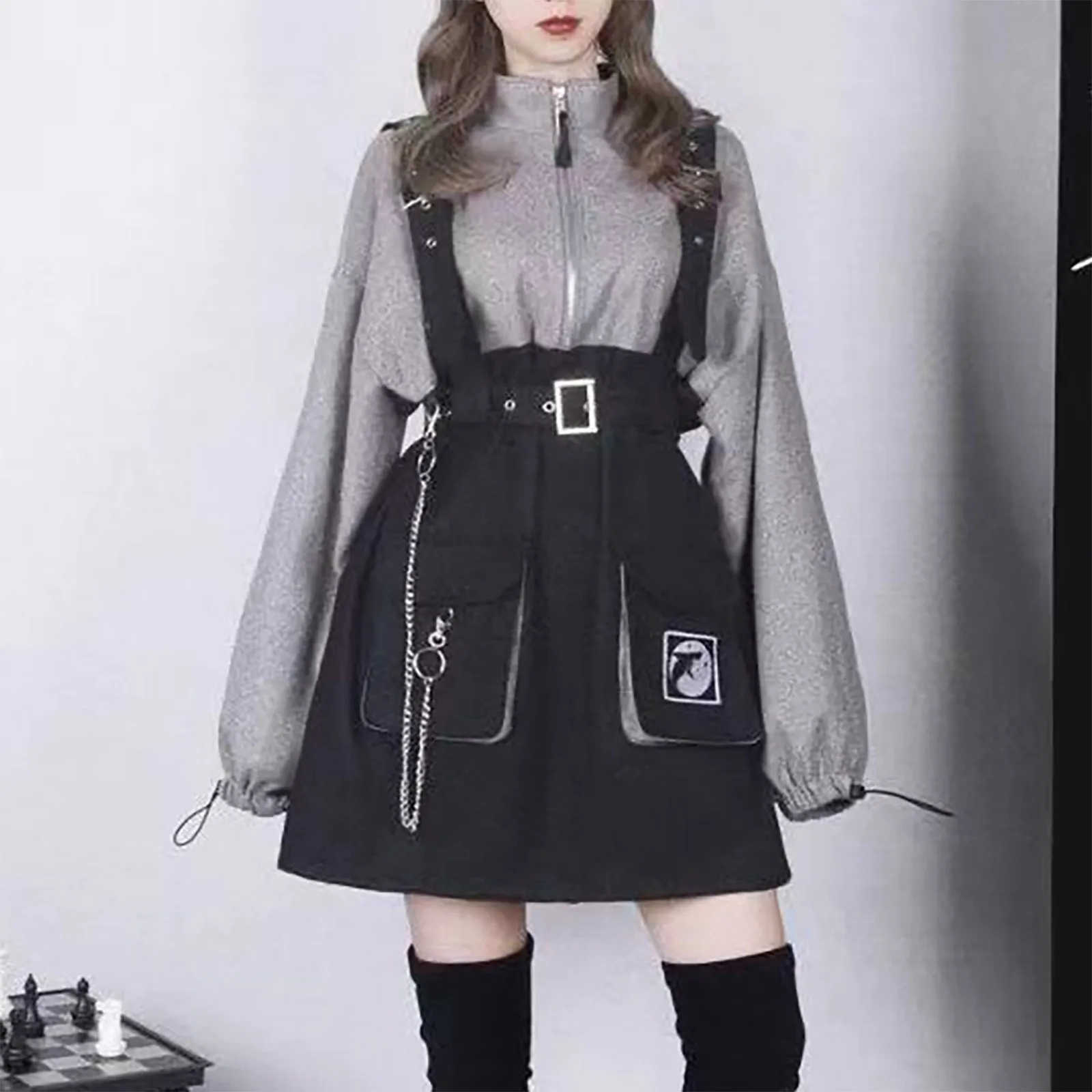 ladies dress 2023 Autumn/Winter New Group Detachable Strap Belt Chain Student Skirt Sweater Cute Splice Dress for Women traf