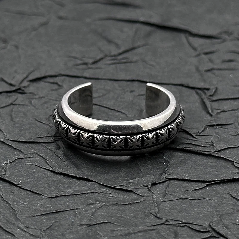 

S925 sterling silver retro old cross flower open ring European and American men and women niche personality temperament