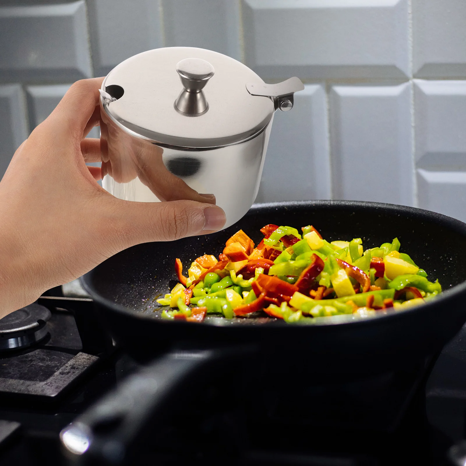 Jarra de açúcar de aço inoxidável com colher, recipiente multiuso para armazenamento de temperos, jarra de condimentos de cozinha, especiarias reutilizáveis