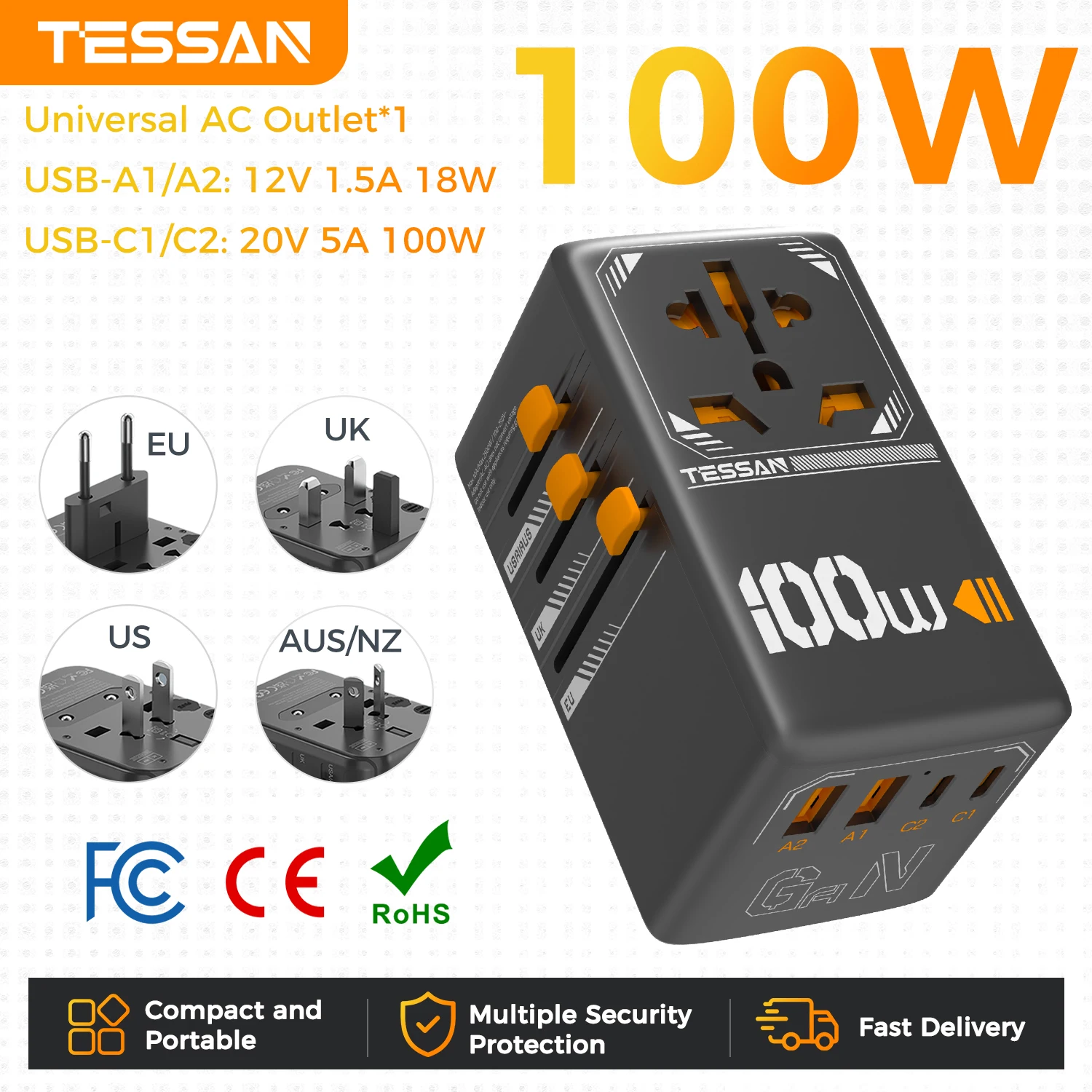 TESSAN 140W/100W GaN universele reisadapter met USB-poort, snelladen, internationale stekkeradapter EU, VK, VS, AUS voor reizen