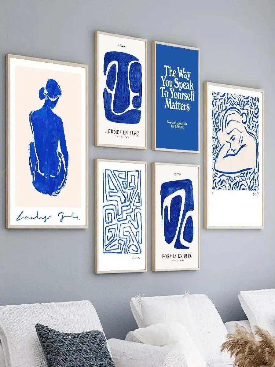 Abstract Minimalist Blue Girl with Pigeons Canvas Print  Modern Wall Art for Living Room Home Decor