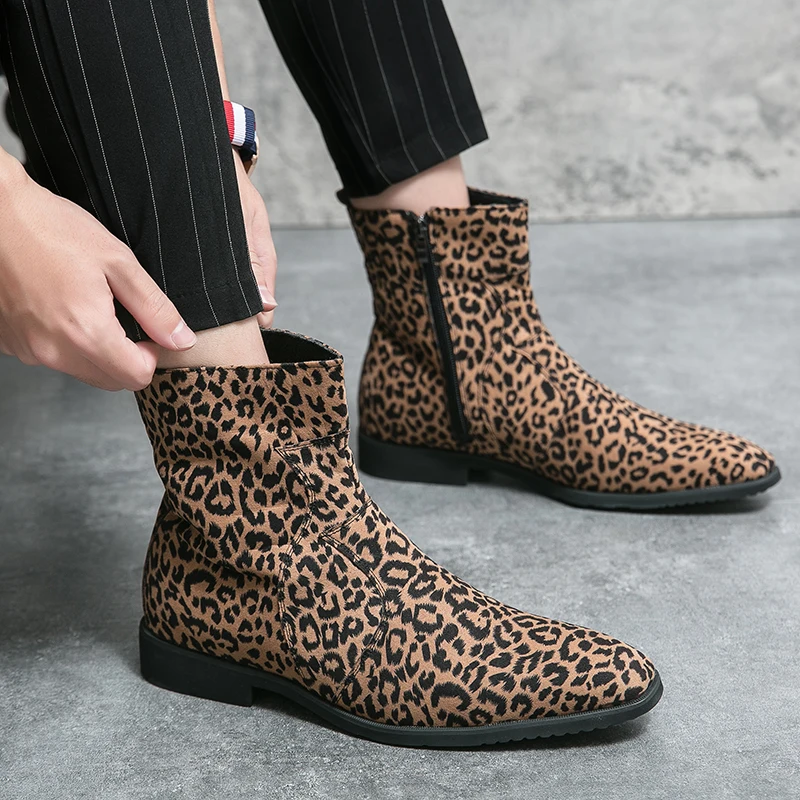 2024 Leopard Print Pattern Mid-Calf Ankle Boots Fashion Cowboy Boots Outdoor Men Boots Original Short Boots Designer Men's Shoes