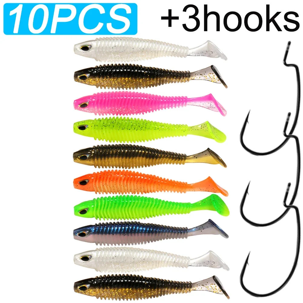 GOBAI Angelköder-Set, 10 Stück, weiche Köder, 3 Stück, versetzter Haken, 6,5 cm, 7,5 cm, 10,5 cm, T-Schwanz, Wurm, Kurbel, Karpfen, Pesca, Swimbait-Ausrüstung, großer Köder