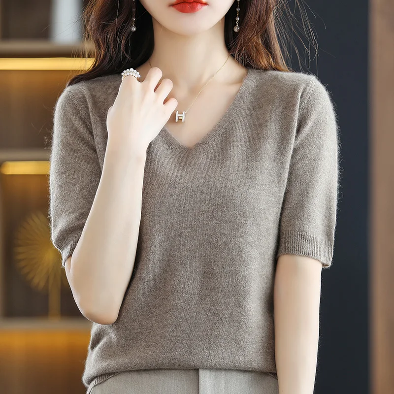 2022 Spring Summer Women\'s Cashmere Sweater Short sleeve V-Neck Pullover Casual Solid Color Short sleeve High Quality