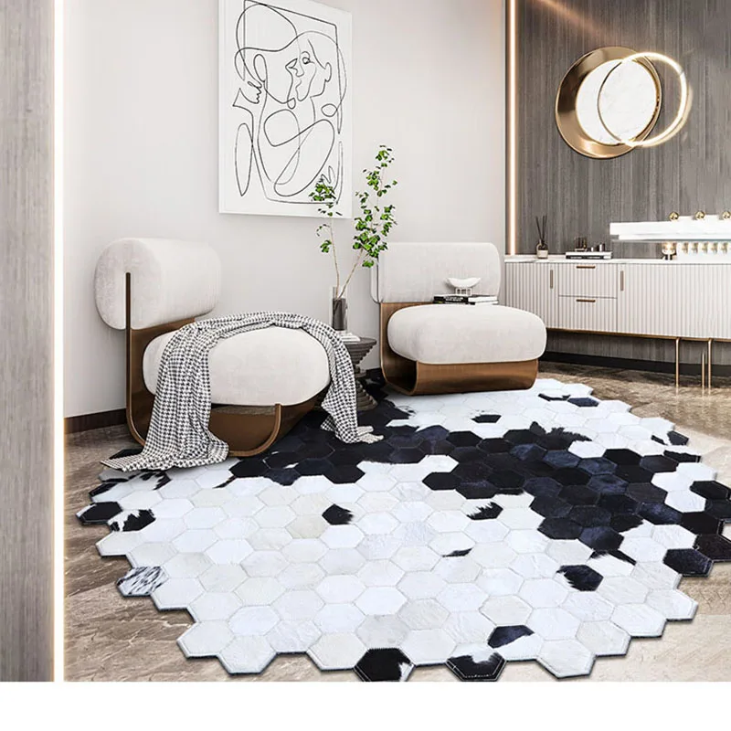 Handmade Real Cowhide Leather Carpet Nordic Ins Genuine Round Rug Genuine Cows Skin Area Rug for Bedroom Bedside Sofa Floor Mats