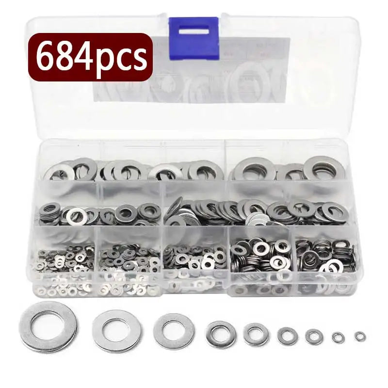 

684PCS 304 Stainless Steel Washer Assortment Set M2 M2.5 M3 M4 M5 M6 M8 M10 M12 Sealing Washers Flat Washer Gasket Repair Seal