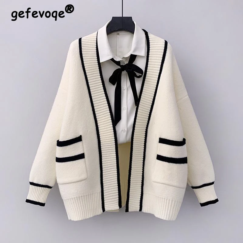 Women Trendy College Style Y2K Oversized Knitted Cardigan Autumn Winter Female V Neck Long Sleeve Casual Streetwear Sweater Coat